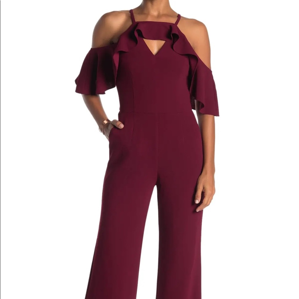 Trina Turk Burgundy Cold-Shoulder Wide-Leg Jumpsuit